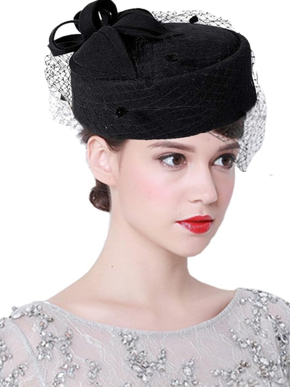 Women's British Style Pillbox Church Derby Wedding Winter Vintage Veil Hat Black